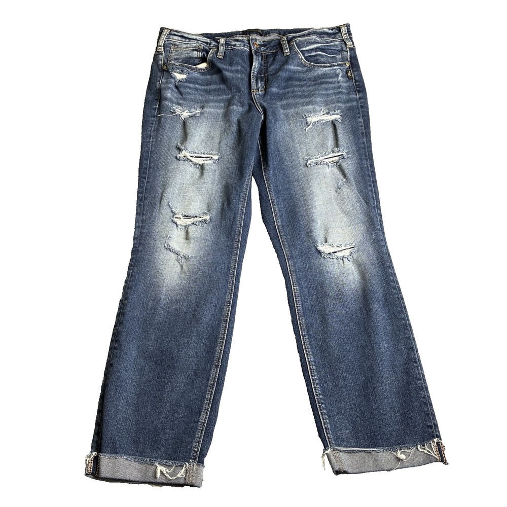 Silver Jeans Co Women's Beau Rolled Cuff Selvaged Jeans Ankle 35x27.5 Distressed